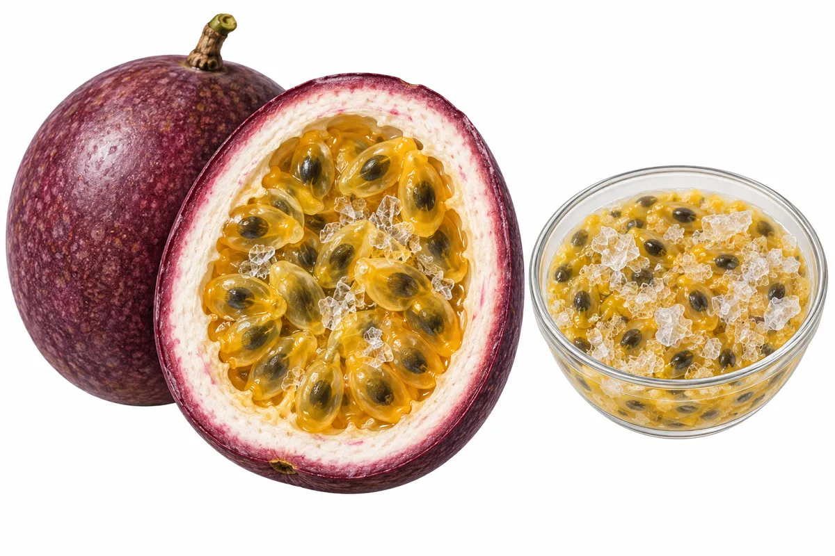 Cutaway purple passion fruit with ice crystals among the seeded pulp