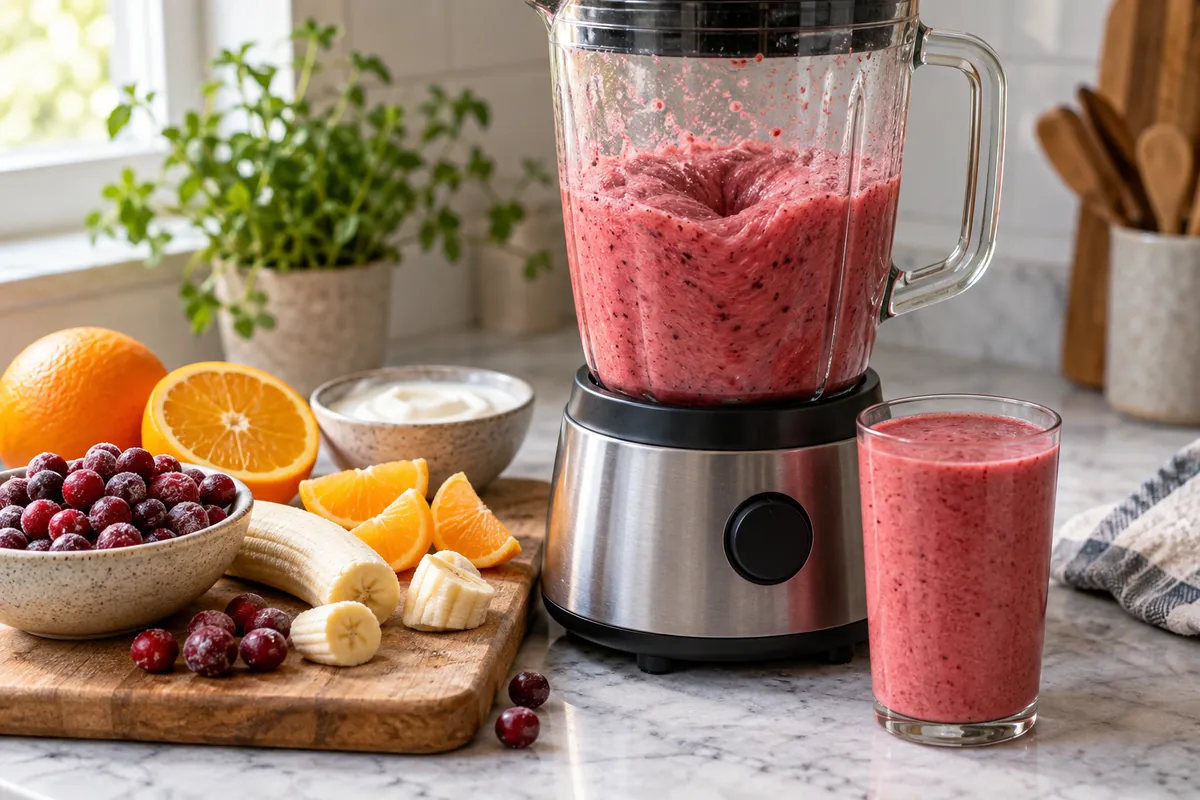 Frozen cranberries blended into a beverage - process evidence Frozen cranberries blended into a beverage