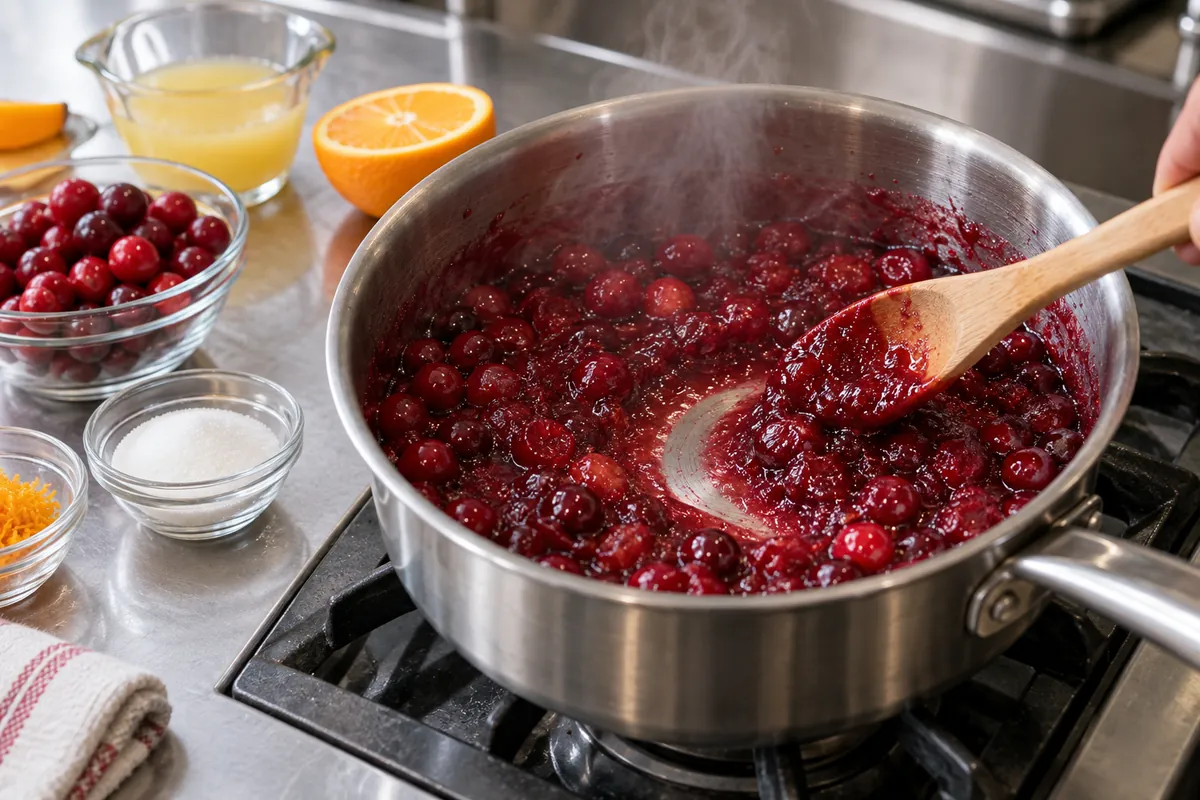 Cranberries cooking into a textured sauce - process evidence Cranberries cooking into a textured sauce
