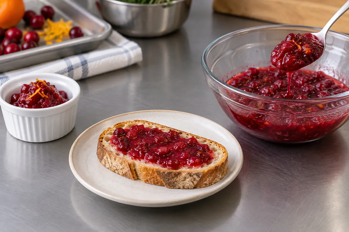 Cranberry relish portioned as dollop spread and glaze base - process evidence Cranberry relish portioned as dollop spread and glaze base