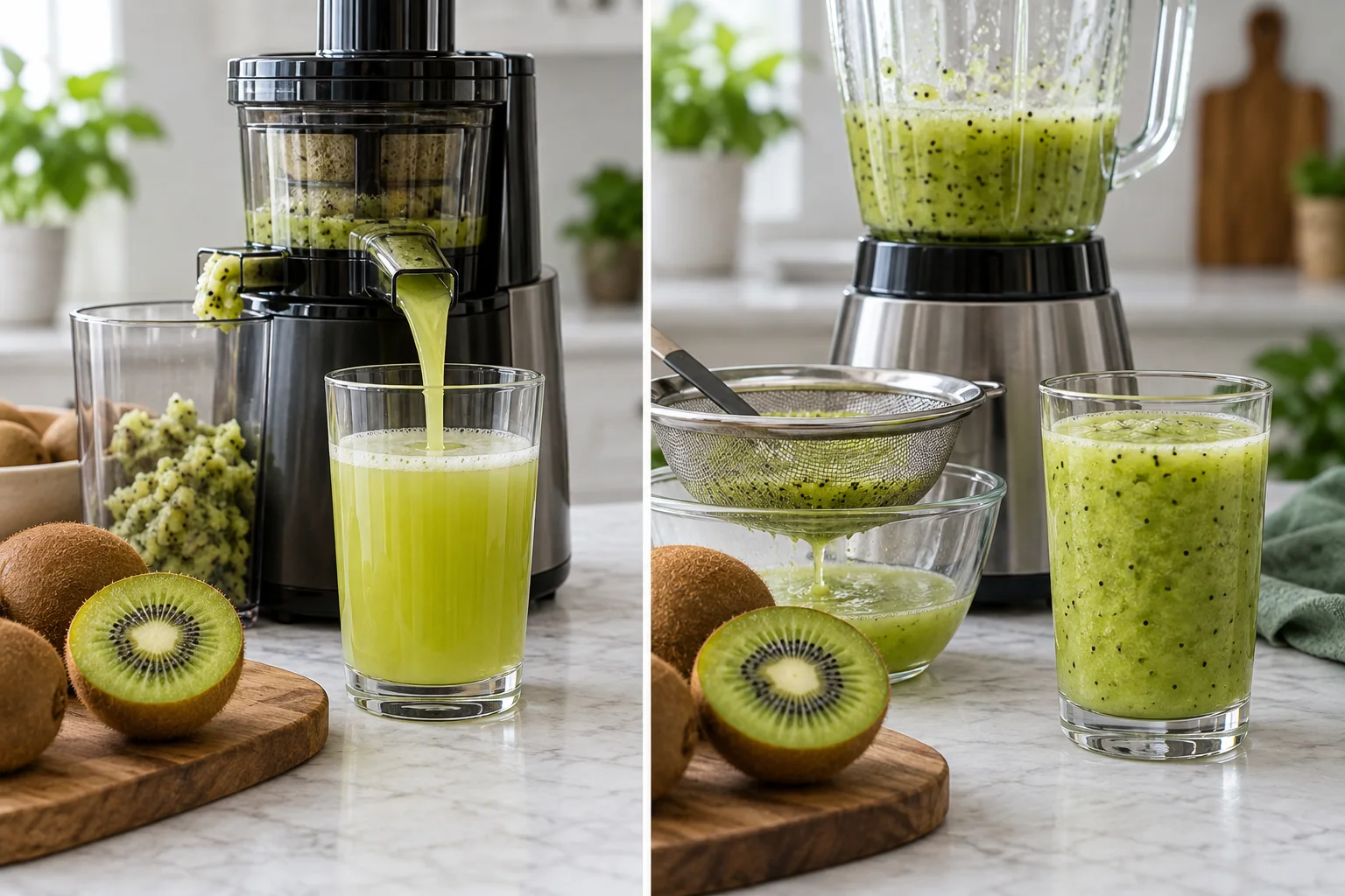 A split professional kitchen scene comparing kiwi passed through a slow juicer with kiwi blended then strained, showing a thinner clear-pulp drink and a thicker pulpy drink, no text A split professional kitchen scene comparing kiwi passed through a slow juicer with kiwi blended then strained, showing a thinner clear-pulp drink and a thicker pulpy drink, no text