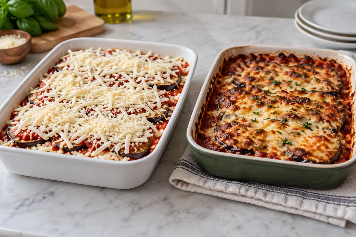 Assembled and baked eggplant Parmesan pans