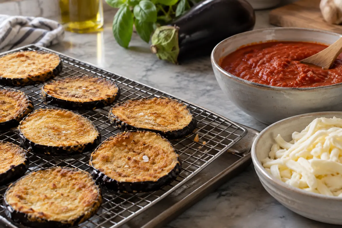 Pre-cooked eggplant slices with thick sauce and cheese