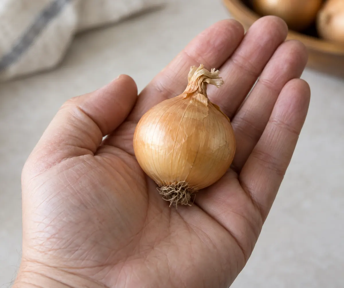Small yellow boiler onion held in a palm for size reference