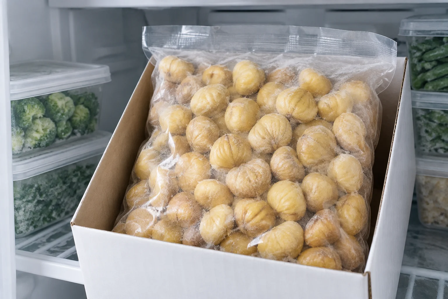 Sealed bag of peeled frozen chestnuts inside a carton