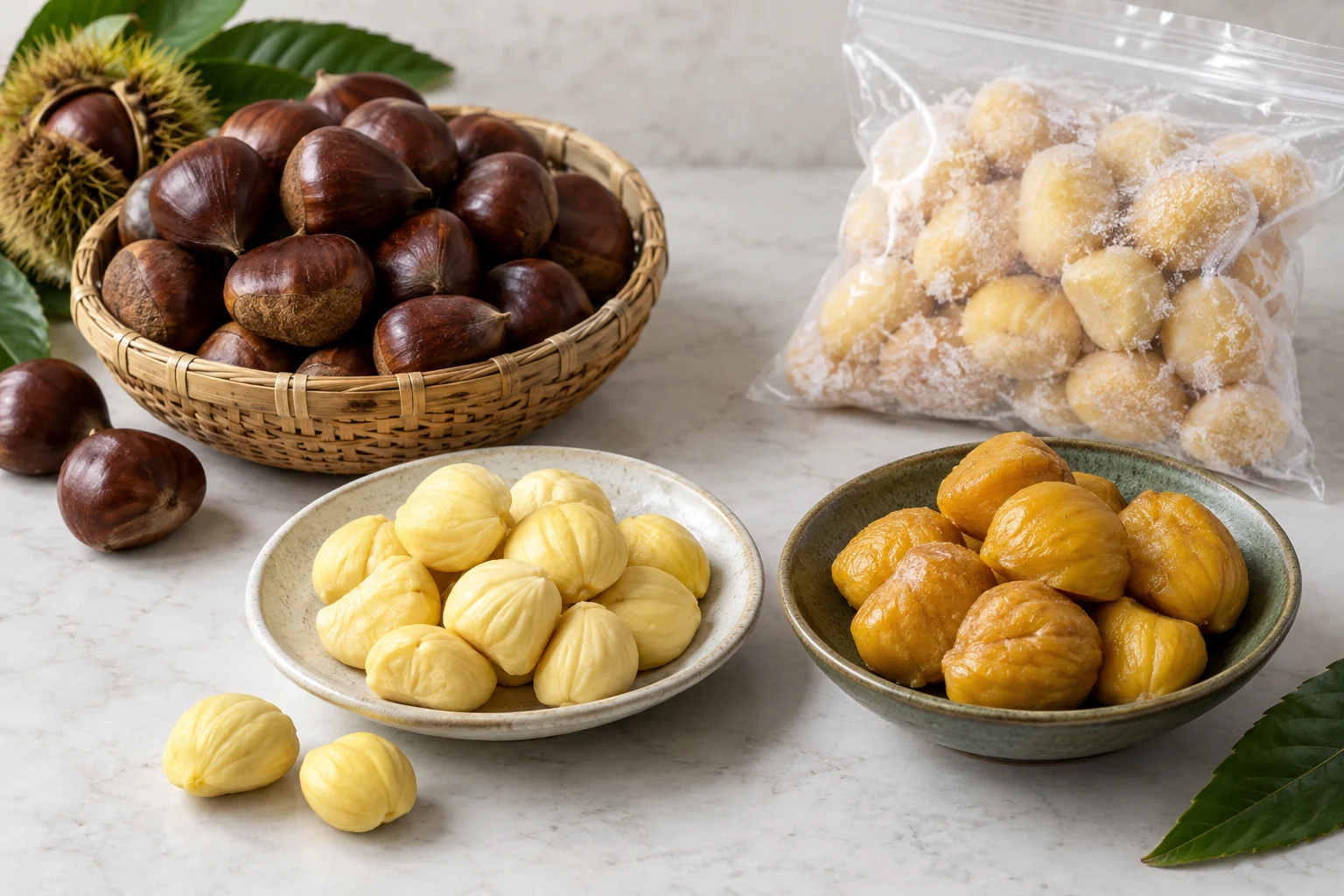 Fresh in-shell, peeled, cooked and frozen chestnut forms Fresh in-shell, peeled, cooked and frozen chestnut forms
