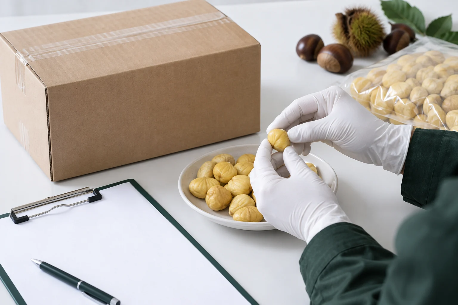 Peeled chestnuts being checked for color and intact pieces on receipt