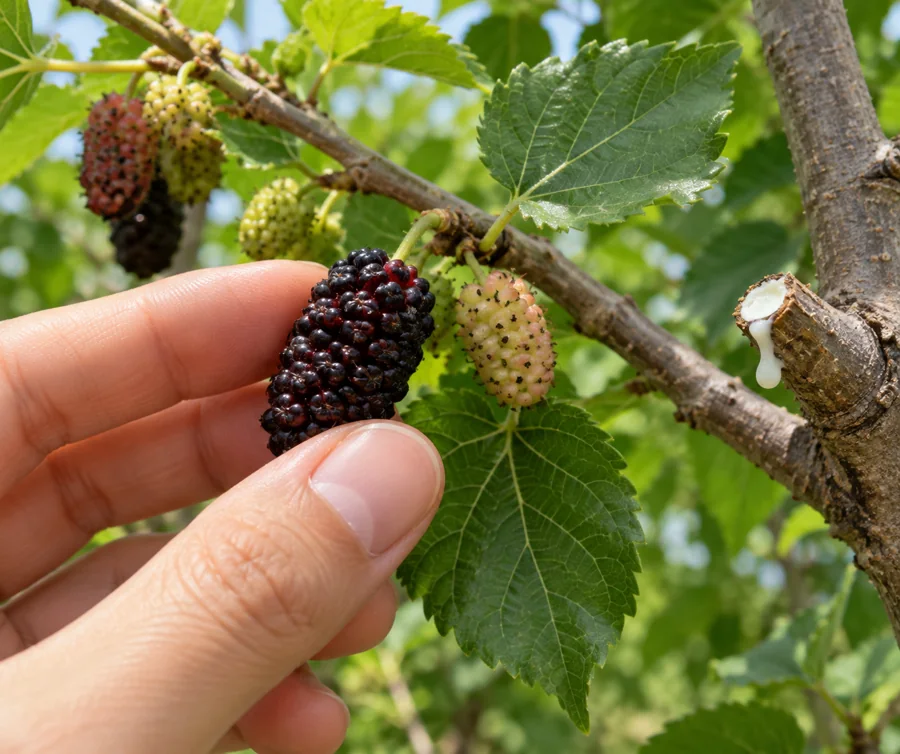 Hand holding ripe mulberry beside leaves and cut twig