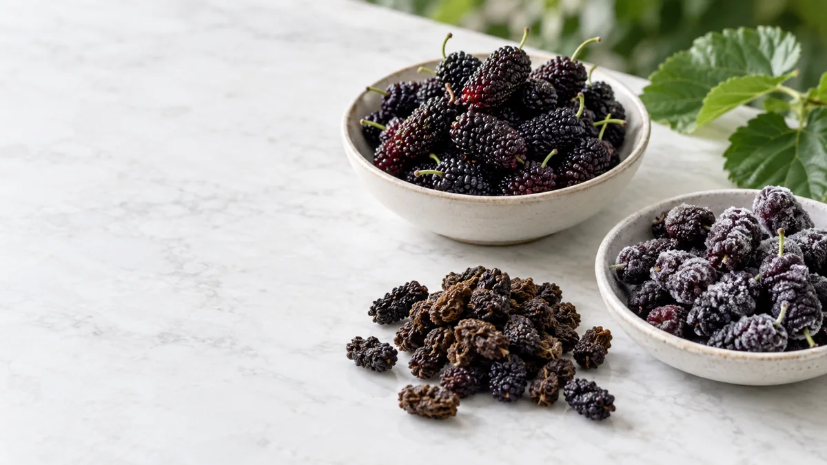 Fresh, dried and frozen mulberries presented in separate forms Fresh, dried and frozen mulberries presented in separate forms
